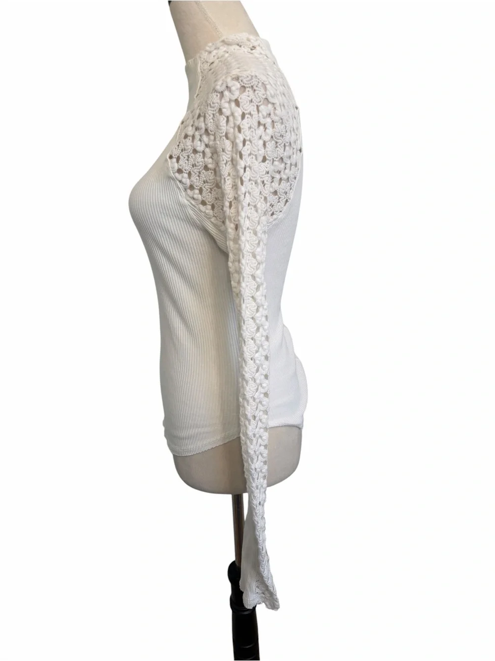 Free People Clemente Mixed Media White Mock Neck Crochet Lace Sleeves